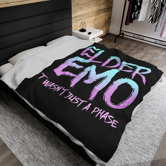 Elder Emo Not Just A Phase Velveteen Plush Throw Blanket | Dark Aesthetic Gift for Goths & Punks | Emo Decor for Nostalgic Alternative Fans