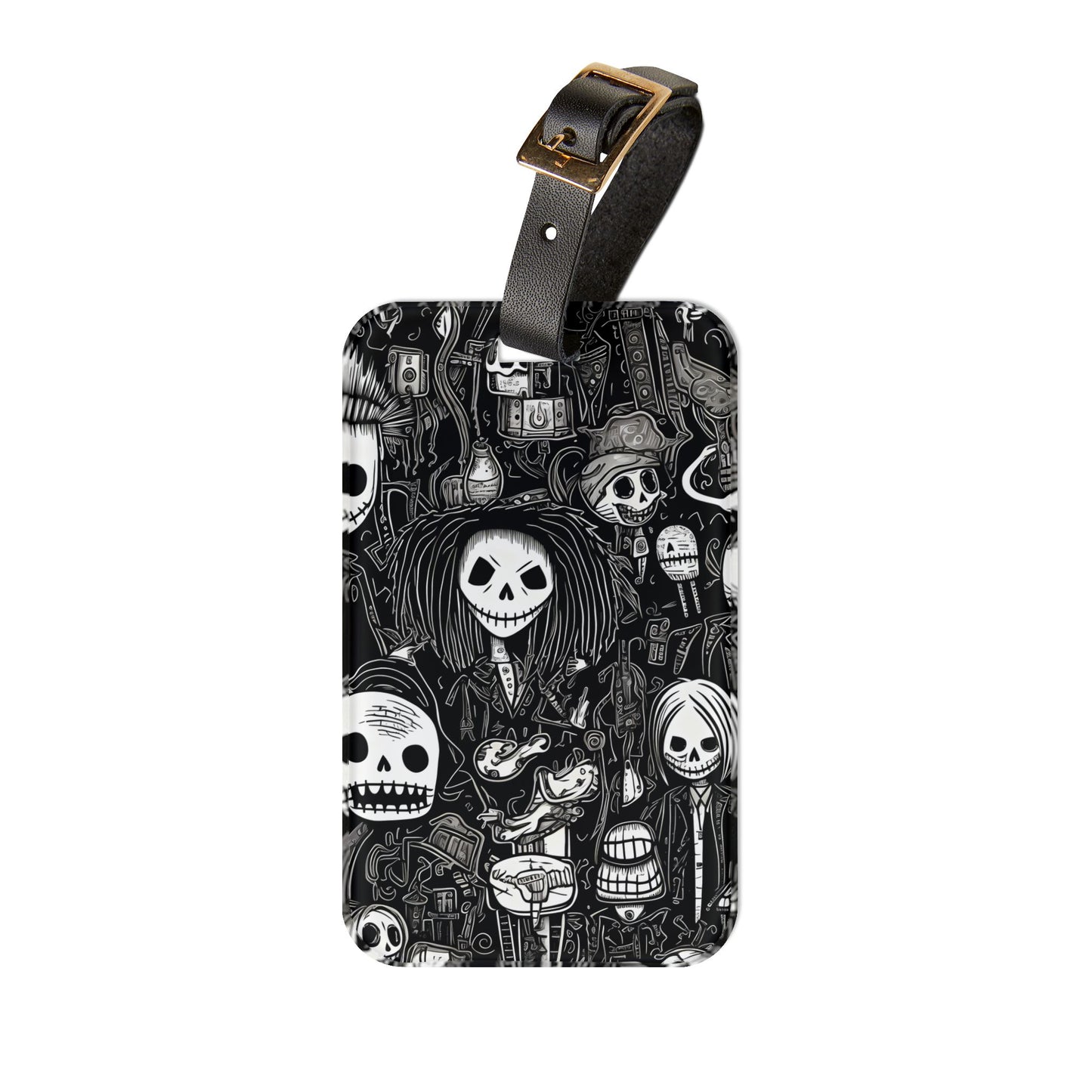 Eerie Black and White Skeleton Doodle Luggage Tag Gothic Art Travel Accessory Unique Baggage ID Death Skull Lovers Alternative Office Style