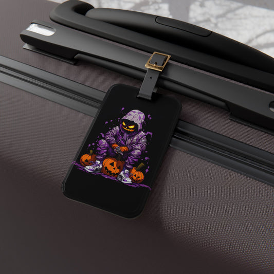 Gangster Pumpkin Purple Hoodie Luggage Tag Urban Style Jack O Lantern Halloween Baggage ID Streetwear Pumpkin Travel Accessory Spooky Vibes