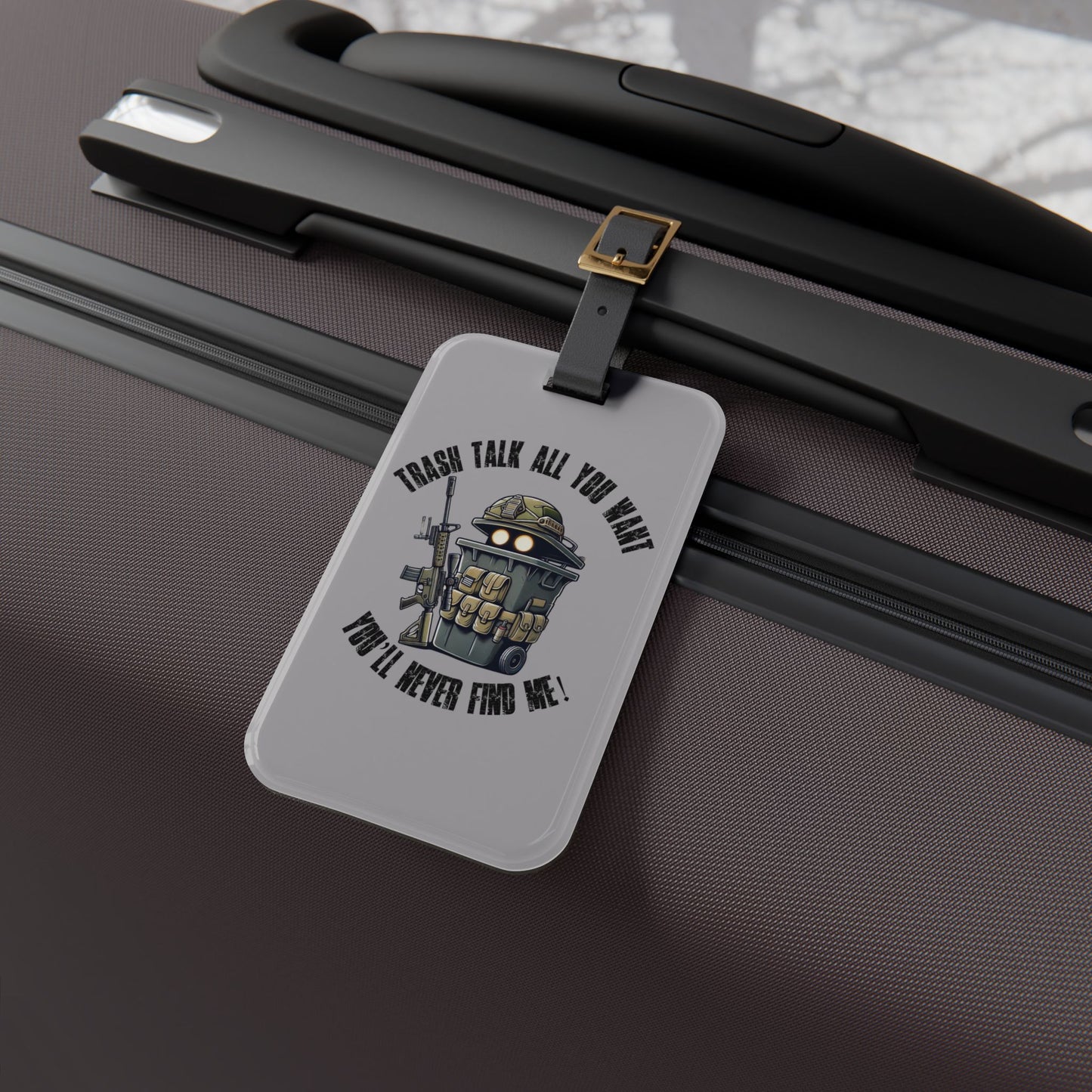 Tactical Trash Can Soldier Luggage Tag | Funny Military Garbage Bin Baggage ID | Unique Cartoon Prop Hunt Design Armed Trash Bin Gamer Humor