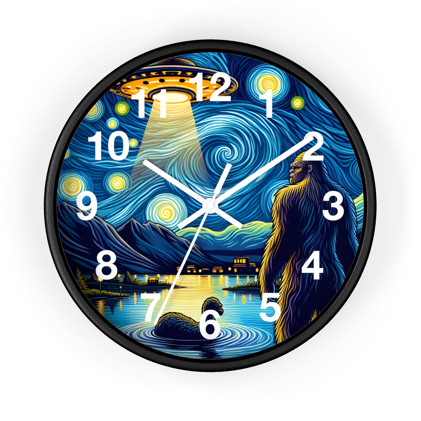 Bigfoot Alien Spaceship Night Sky Wall Clock | Battery Operated | Sasquatch Meets Extraterrestrial Art Bigfoot Fan Gift UFO Humor Wall Decor