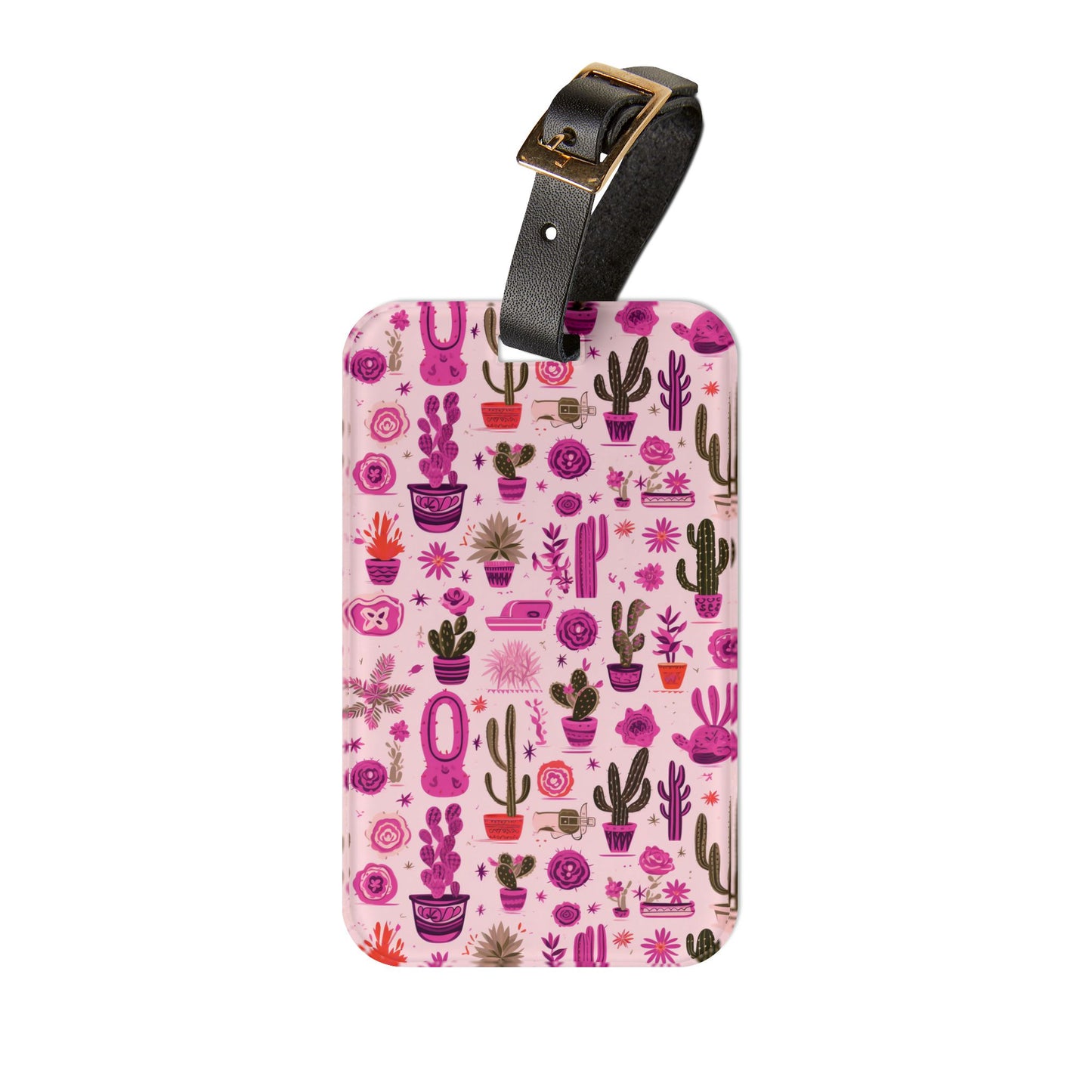 Stylish Cactus with Blooming Pink Flowers Luggage Tag Potted Cactus Desert Travel Accessory Girly Boho Aesthetic Baggage ID Cactus Lovers