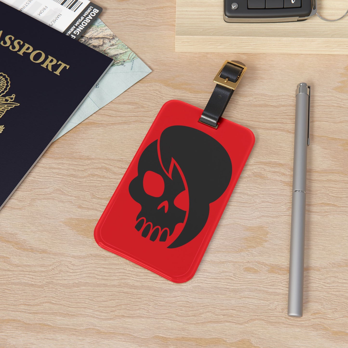 Skull With Emo Hair Luggage Tag | Red Gothic Style Travel Accessory | Emo Statement Baggage ID | Spooky and Stylish Gift for Emo Lovers