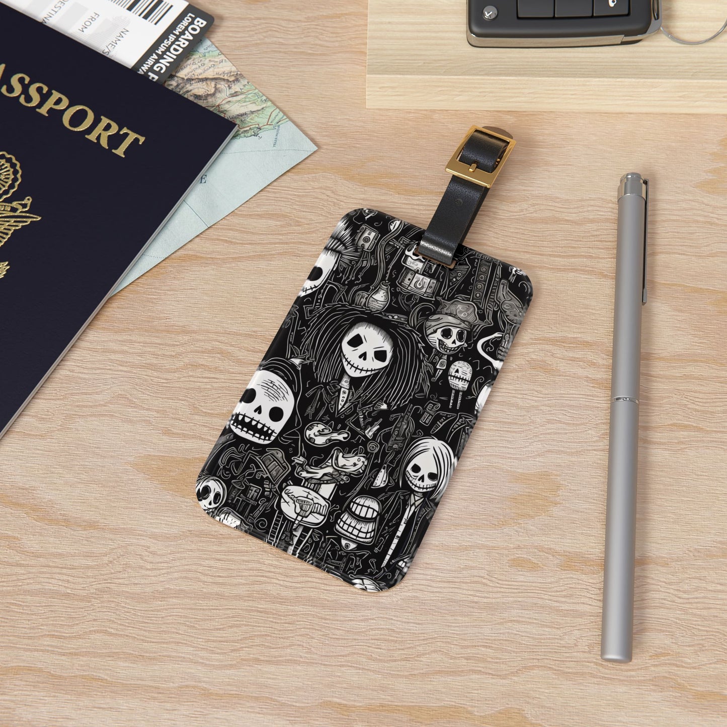 Eerie Black and White Skeleton Doodle Luggage Tag Gothic Art Travel Accessory Unique Baggage ID Death Skull Lovers Alternative Office Style