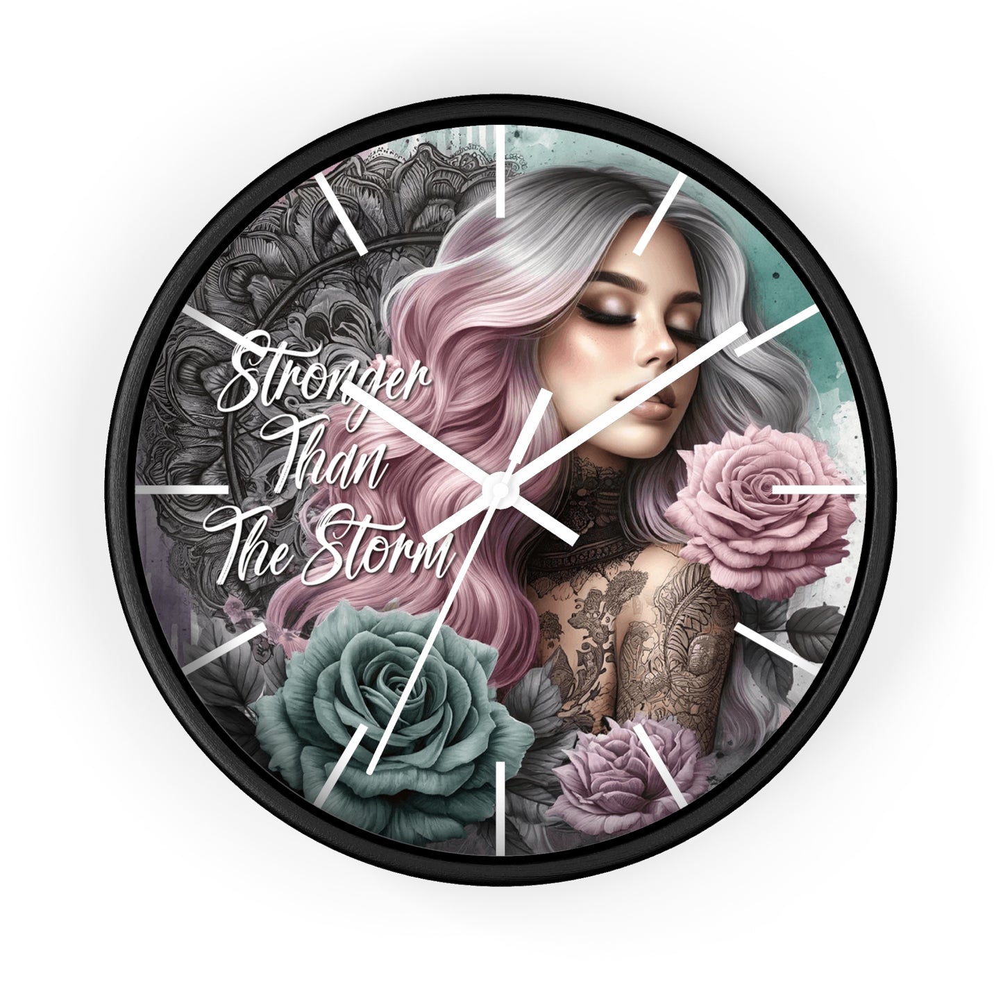 Stronger Than the Storm Wall Clock | Empowering Affirmation Quote Art | Battery Operated | Beautiful Woman Flowers Bold Dark Aesthetic Decor