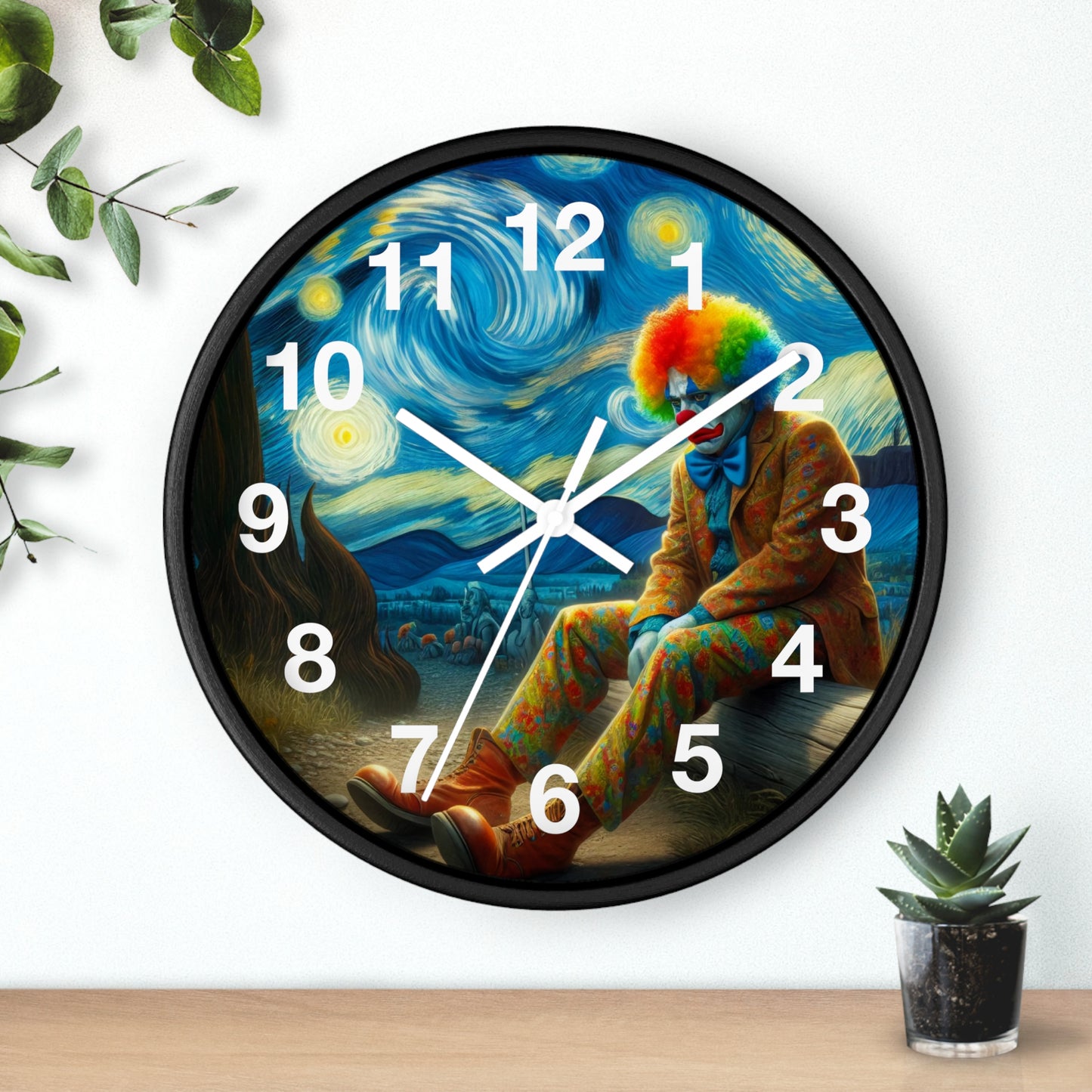 Sad Clown Night Sky Wall Clock | Battery Operated | Melancholic Art Inspired by Starry Night | Unique Gift Clown Lovers Artistic Wall Decor