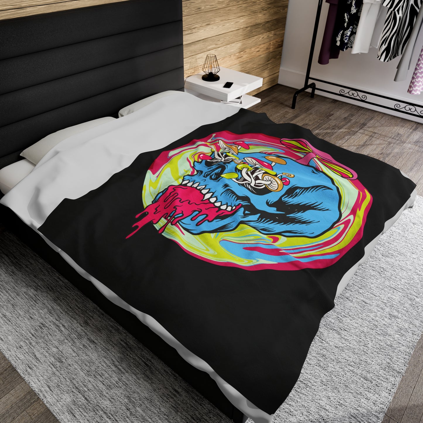 Trippy Skull Mushroom Velveteen Plush Throw Blanket | Psychedelic Vibrant Shroom Art Melting Skull Blanket Festival Rave Lovers Unique Gift