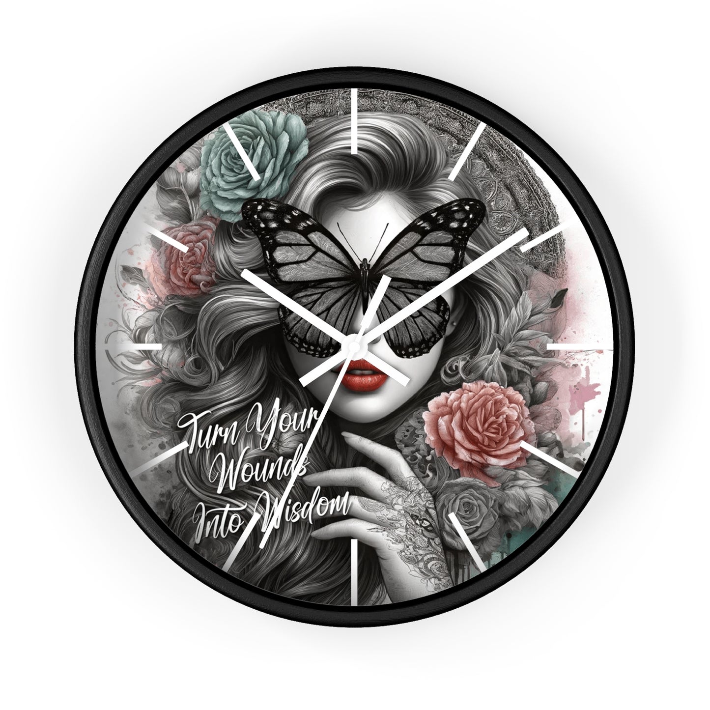 Turn Your Wounds to Wisdom Wall Clock | Inspirational Affirmation Art | Battery Operated | Elegant Woman with Flowers Dark Aesthetic Decor