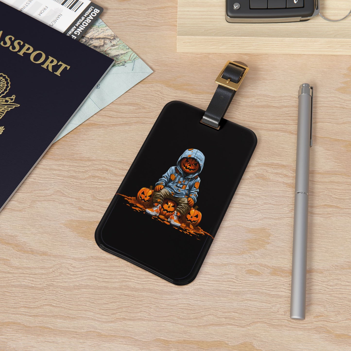 Gangster Pumpkin Blue Hoodie Luggage Tag | Urban Style Jack O Lantern Streetwear | Halloween Inspired Baggage ID | Street Culture Pumpkin