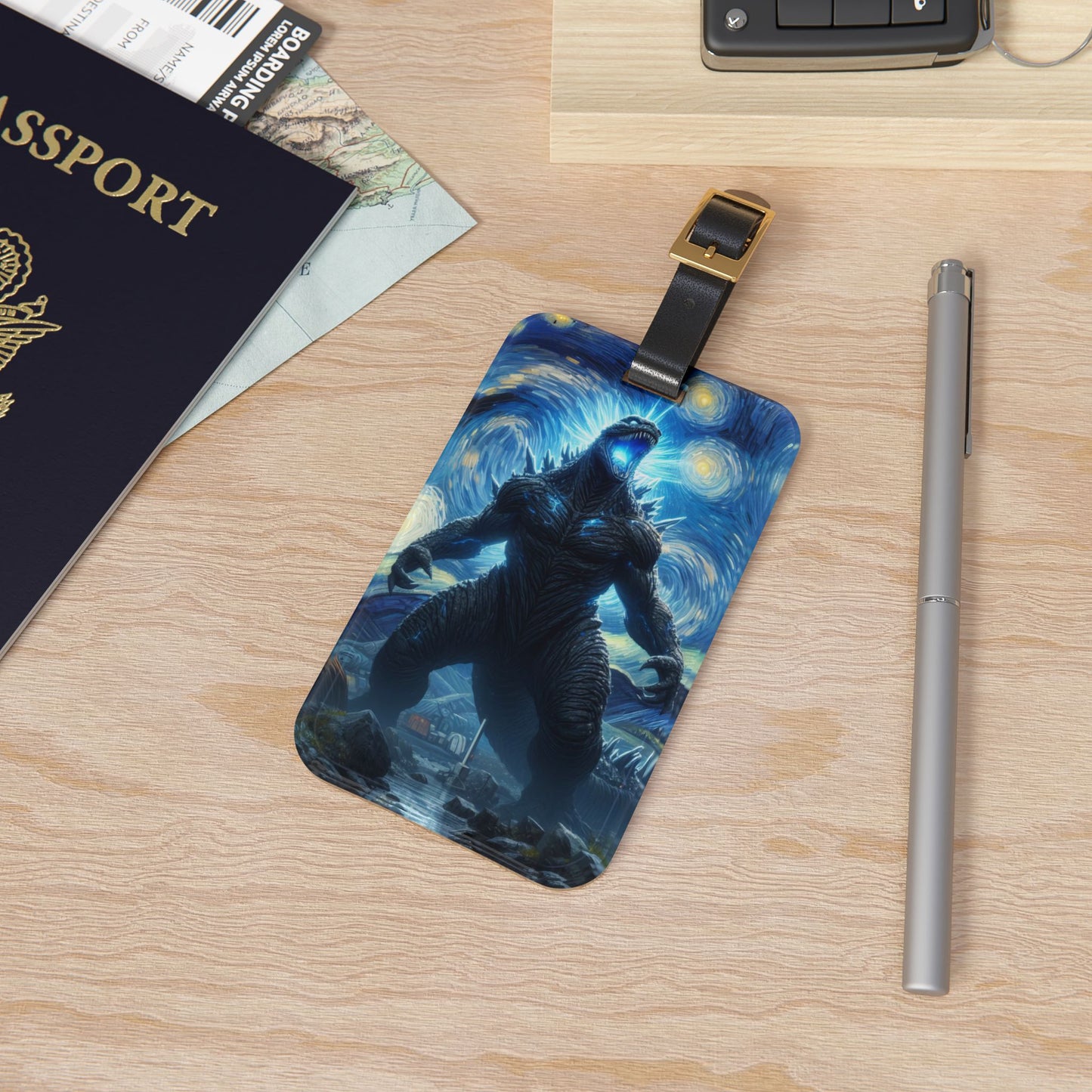 Giant Dinosaur Lizard Night Sky Luggage Tag | Kaiju-Inspired Starry Night Travel Accessory | Dinosaur Kaiju Fans Baggage ID Epic Anime Gift