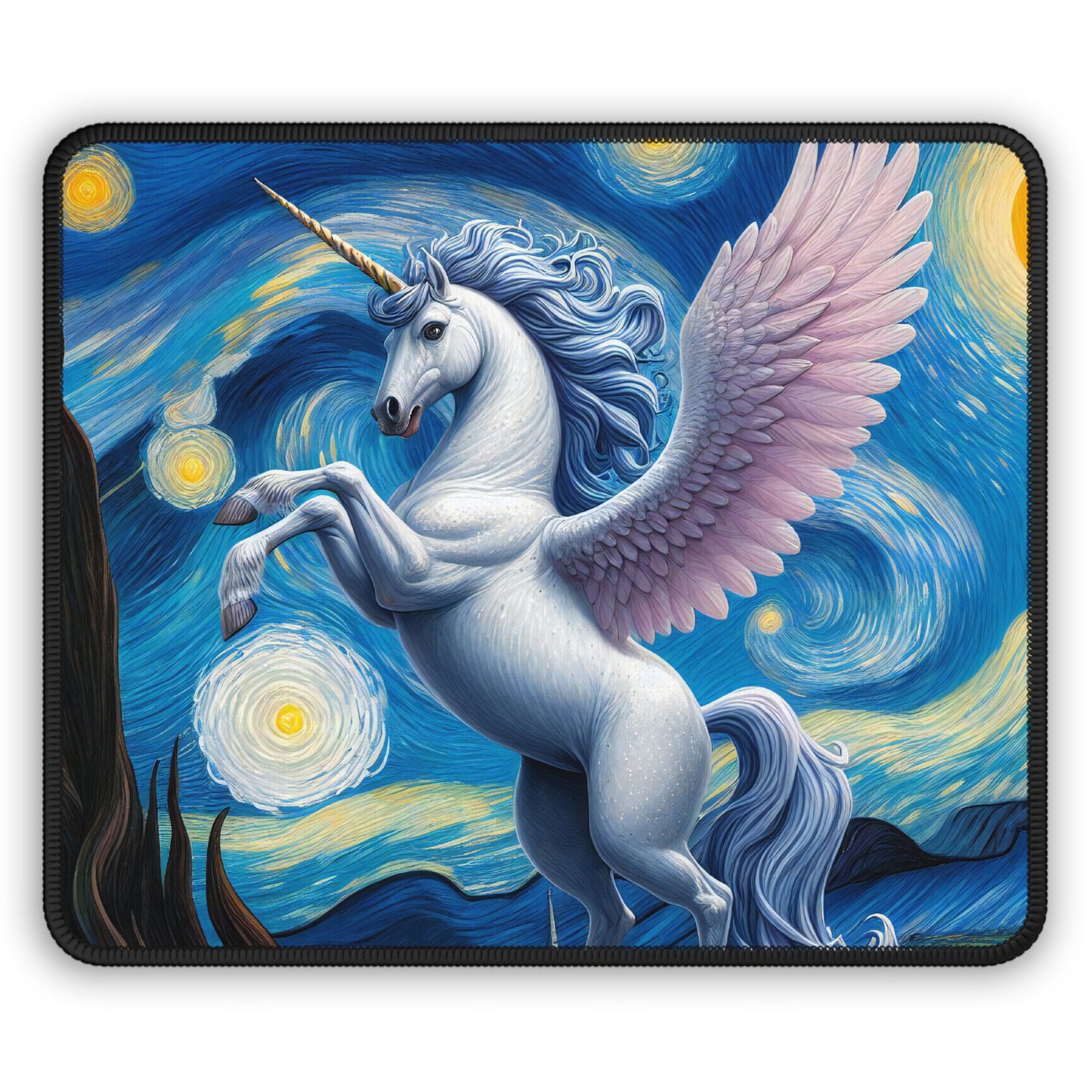 Magical White Unicorn Night Sky Non-Slip Mouse Pad | Starry Night-Inspired Art | Unicorn Lover Fantasy Gift Desk Mat Unicorn Computer Mat