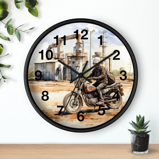 Vintage Motorcycle Wall Clock | Refinery Plant Art | Industrial Biker Decor | Retro Motorcycle Gift | Unique Man Cave Clock Battery Operated