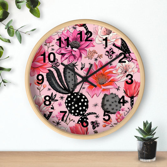 Charming Desert Cactus with Pink Blossoms Wall Clock | Battery Operated | Watercolor Boho Decor Perfect Gift Cactus Lovers Plant Enthusiasts