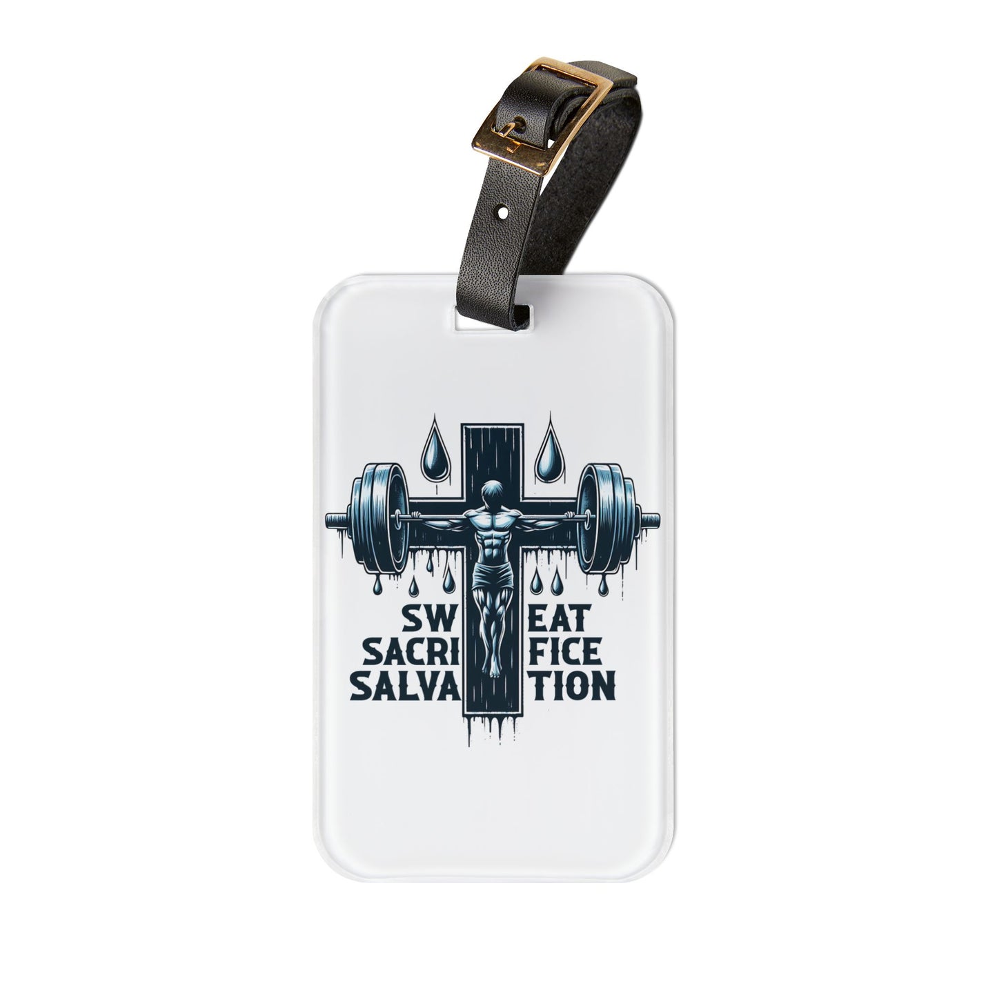 Sweat Sacrifice Salvation Jesus Cross Luggage Tag | Faith-Based Fitness Baggage ID Christian Gym Travel Accessory Inspirational Workout Gift