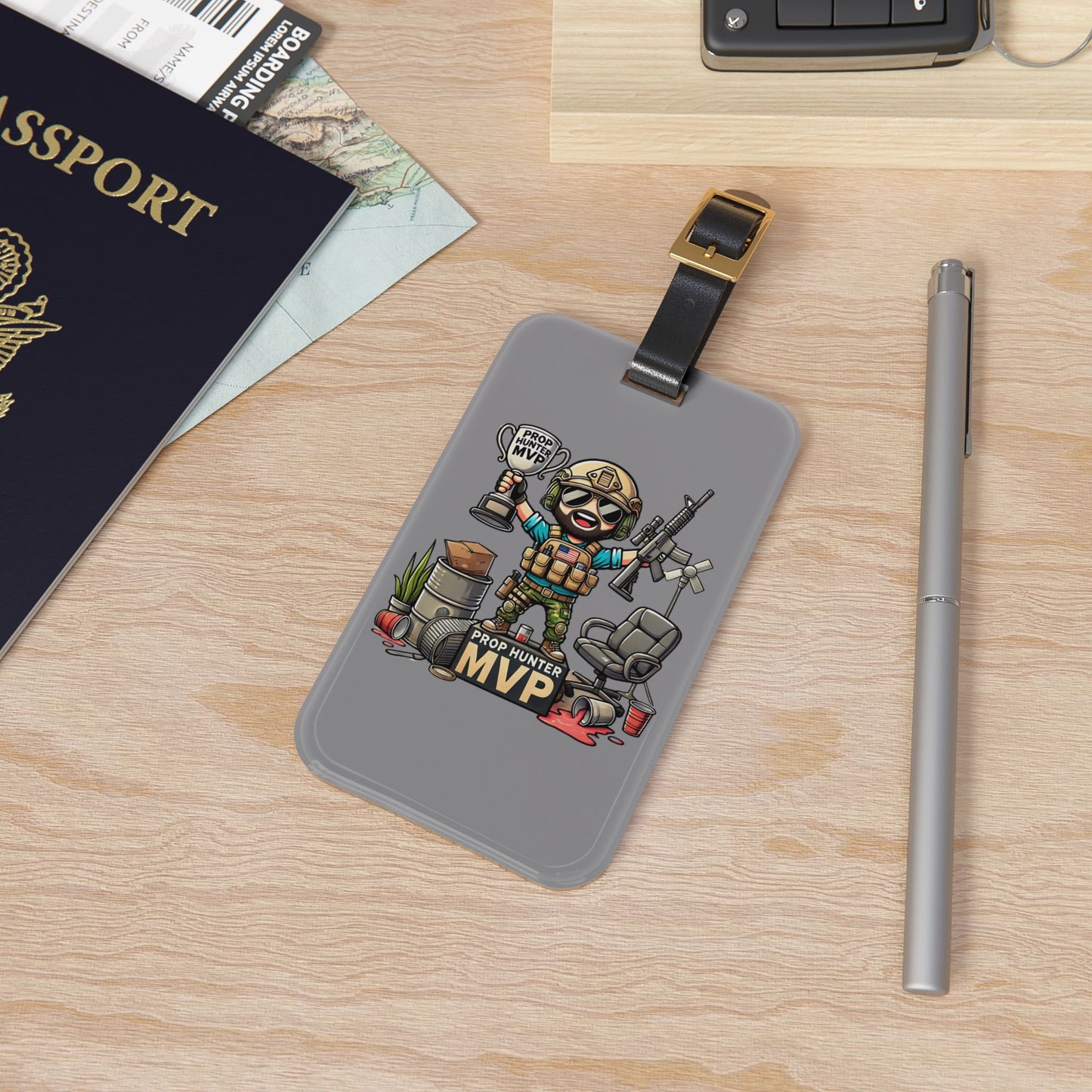 Prop Hunter MVP Luggage Tag | Funny Tactical Gamer Baggage ID | Trophy & Props Victory Design | Bearded Cartoon for Unique Prop Hunt Theme