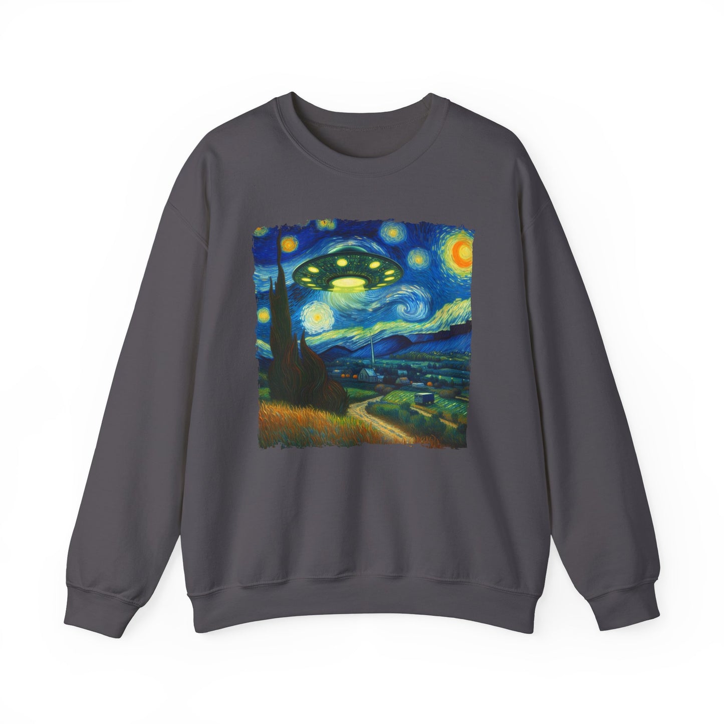 Alien UFO Night Sky Crewneck Sweater | Starry Night-Inspired Outer Space Art Pullover | Cosmic Sci-Fi  Sweatshirt Alien UFO Believers