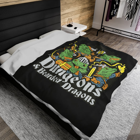 Dungeons and Bearded Dragons Velveteen Plush Throw Blanket Funny Reptile Gift Nerdy Parody Blanket Fantasy Roleplaying Cozy Dragon Decor