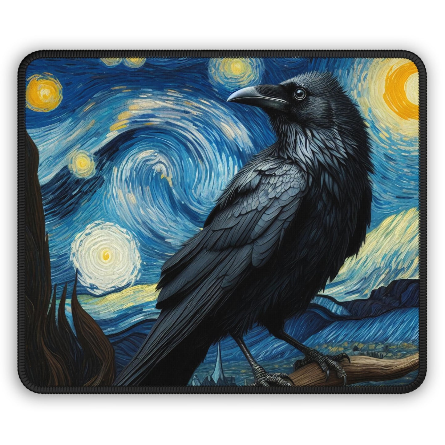 Black Raven Night Sky Non-Slip Mouse Pad | Starry Night-Inspired Art | Gothic Gift for Raven Lovers Office Decor Witchy Computer Mat