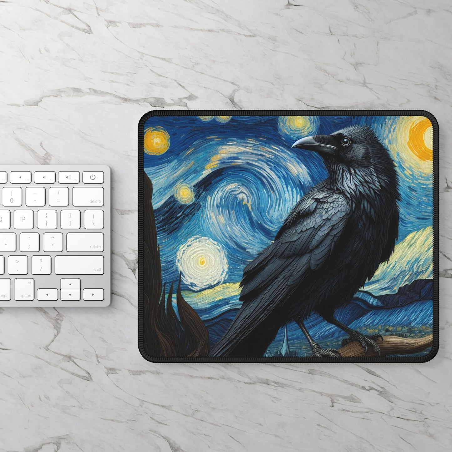 Black Raven Night Sky Non-Slip Mouse Pad | Starry Night-Inspired Art | Gothic Gift for Raven Lovers Office Decor Witchy Computer Mat