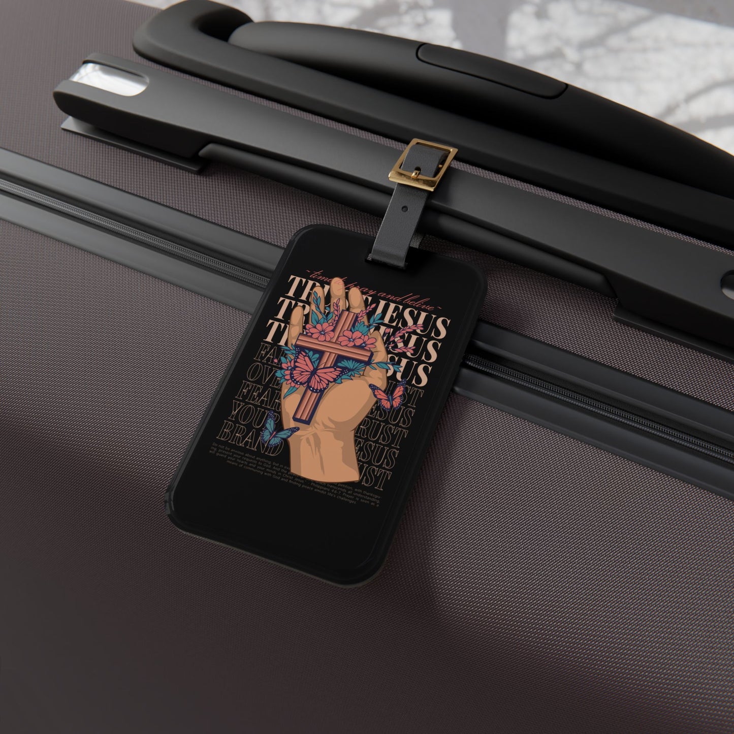 Trust In Jesus Cross Hand Luggage Tag | Faith-Based Christian Baggage ID | Streetwear Jesus Art Travel Accessory | Unique Christian Gift