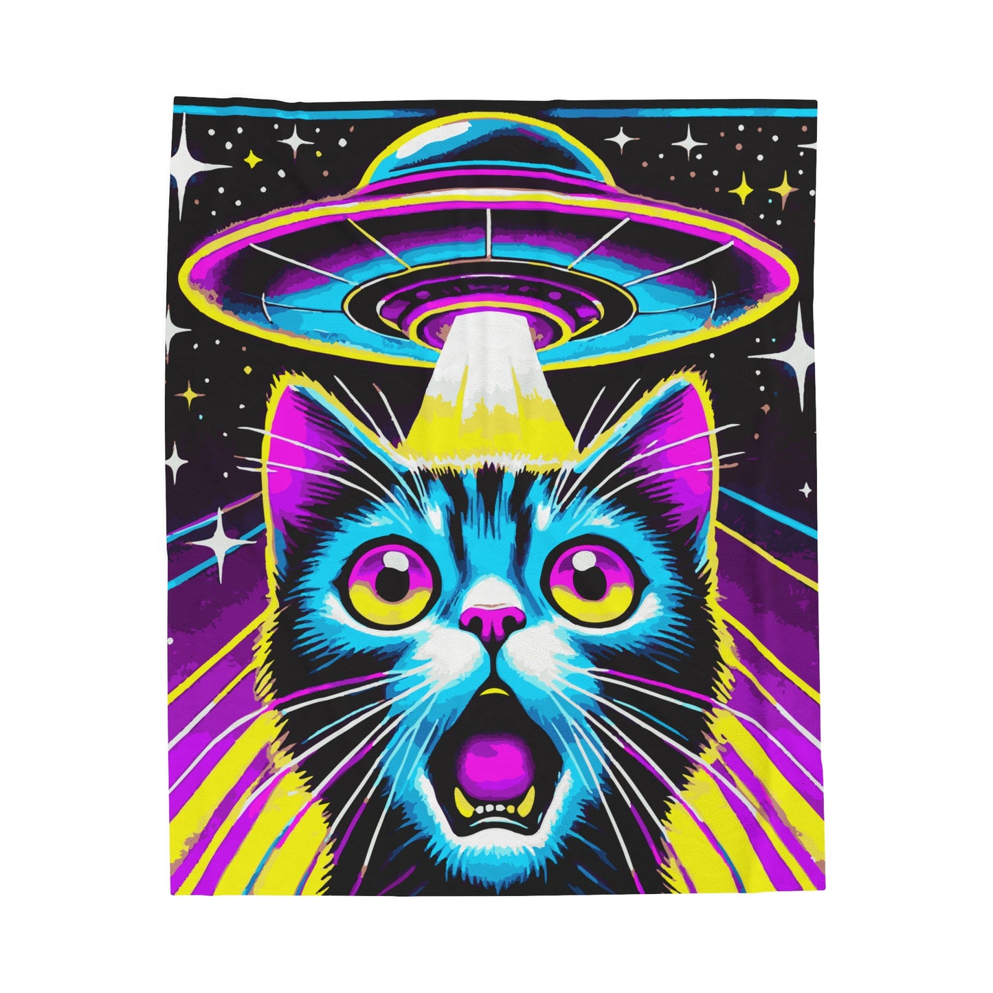 Colorful Cat Abduction Velveteen Plush Throw Blanket | Cool Cat Picked Up by Spaceship | Trippy Alien Decor Cat Lovers Cozy Fun Blanket Gift