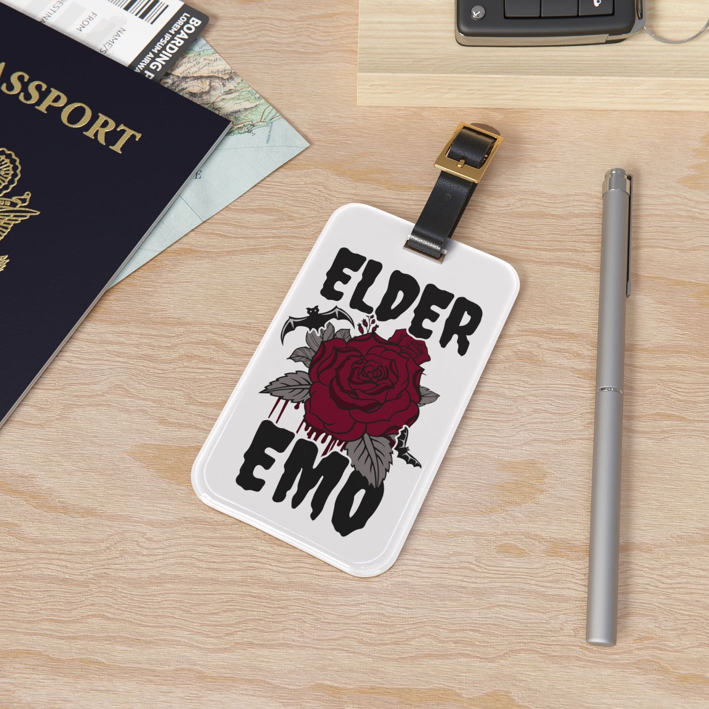 Elder Emo With Rose Luggage Tag | Dark Aesthetic Rose Travel Accessory | Baggage ID for Nostalgic Goth Punk Fans Perfect Emo Throwback Gift