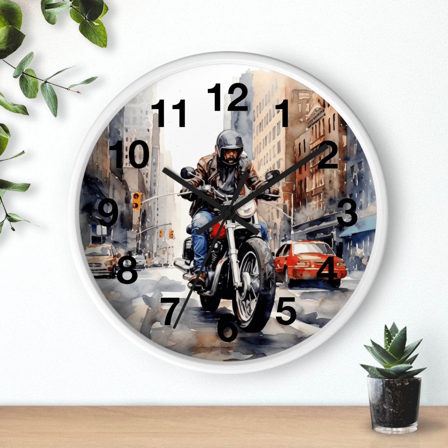 City Street Motorcycle Wall Clock | Urban Biker Decor | Rider Through City Art | Unique Gift for Bikers Cool Man Cave Clock Battery Operated