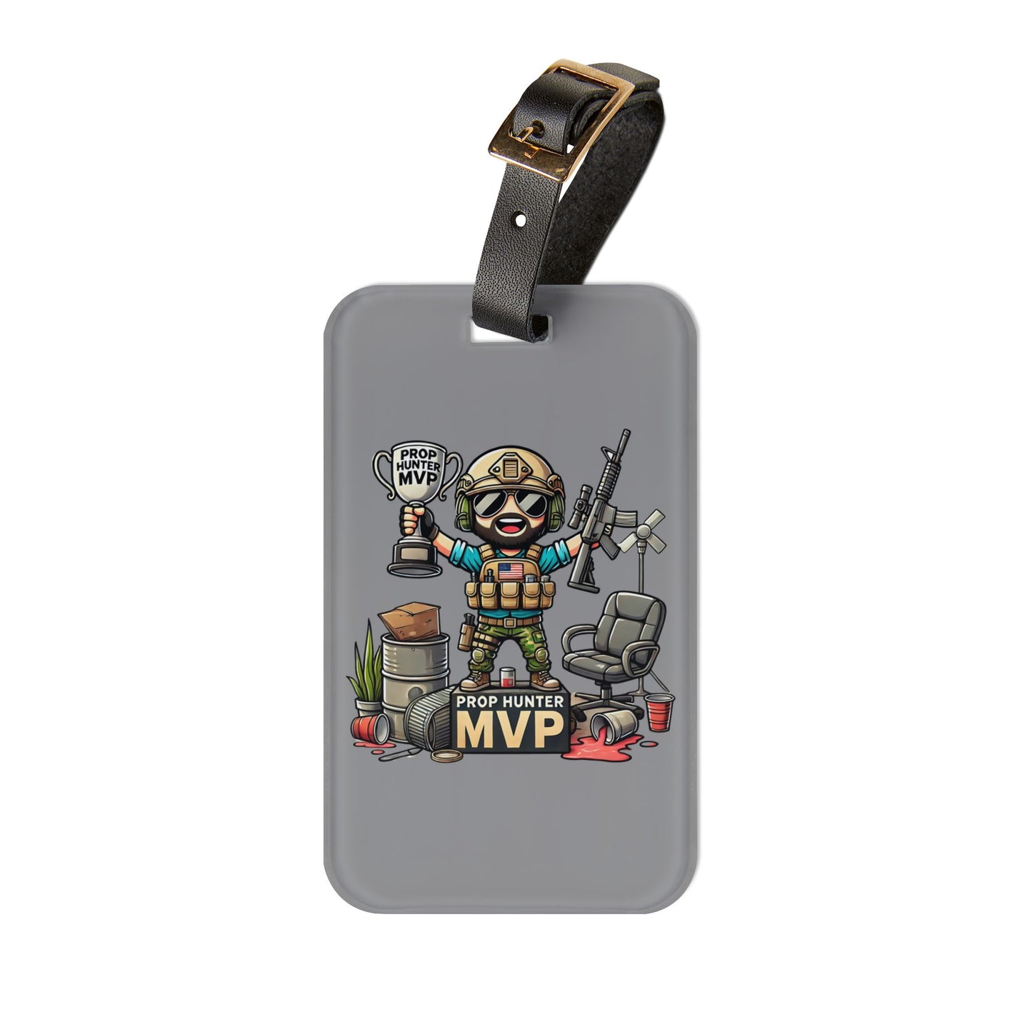 Prop Hunter MVP Luggage Tag | Funny Tactical Gamer Baggage ID | Trophy & Props Victory Design | Bearded Cartoon for Unique Prop Hunt Theme