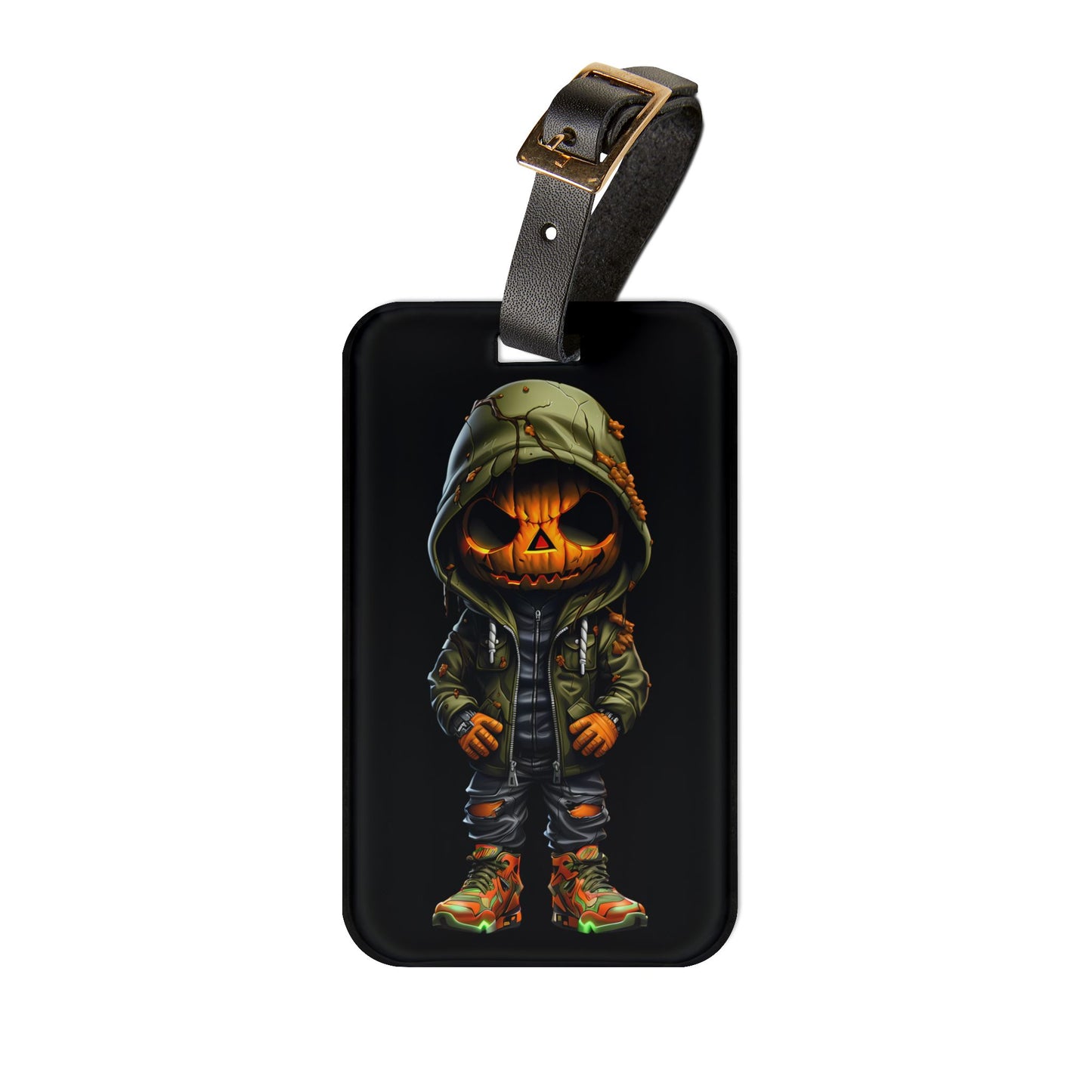 Gangster Pumpkin Green Hoodie Luggage Tag | Urban Style Jack O Lantern Streetwear | Halloween Baggage ID | Hip Hop Fashion Pumpkin Lovers