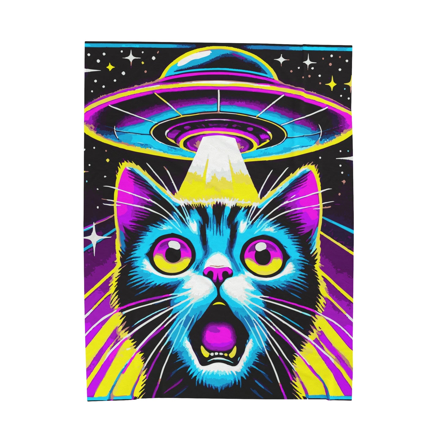 Colorful Cat Abduction Velveteen Plush Throw Blanket | Cool Cat Picked Up by Spaceship | Trippy Alien Decor Cat Lovers Cozy Fun Blanket Gift