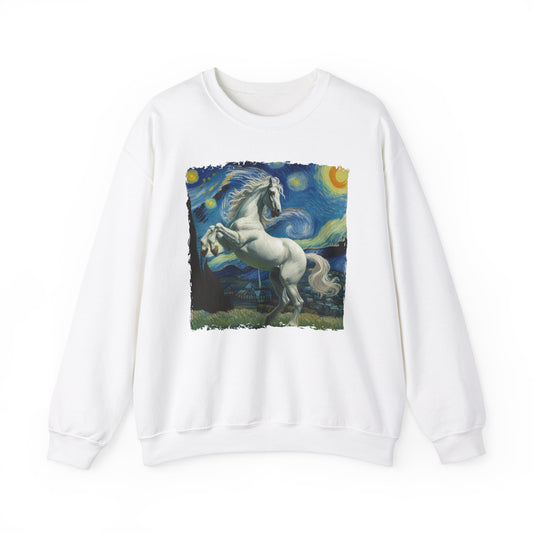 Majestic White Horse Night Sky Crewneck Sweater Starry Night-Inspired Art Pullover Dreamy Horse Lover Gift Unique Funny Horse Parody Sweater