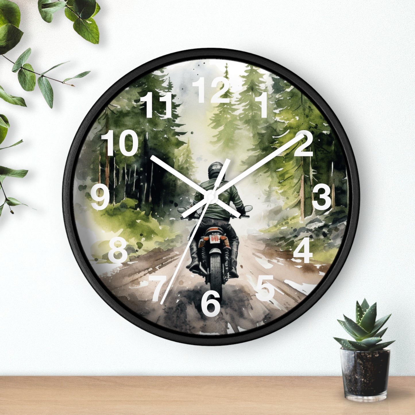 Biker Riding Through Forest Wall Clock | Woods Road Motorcycle Art | Unique Biker Decor | Outdoor Adventure Clock | Gift for Bikers