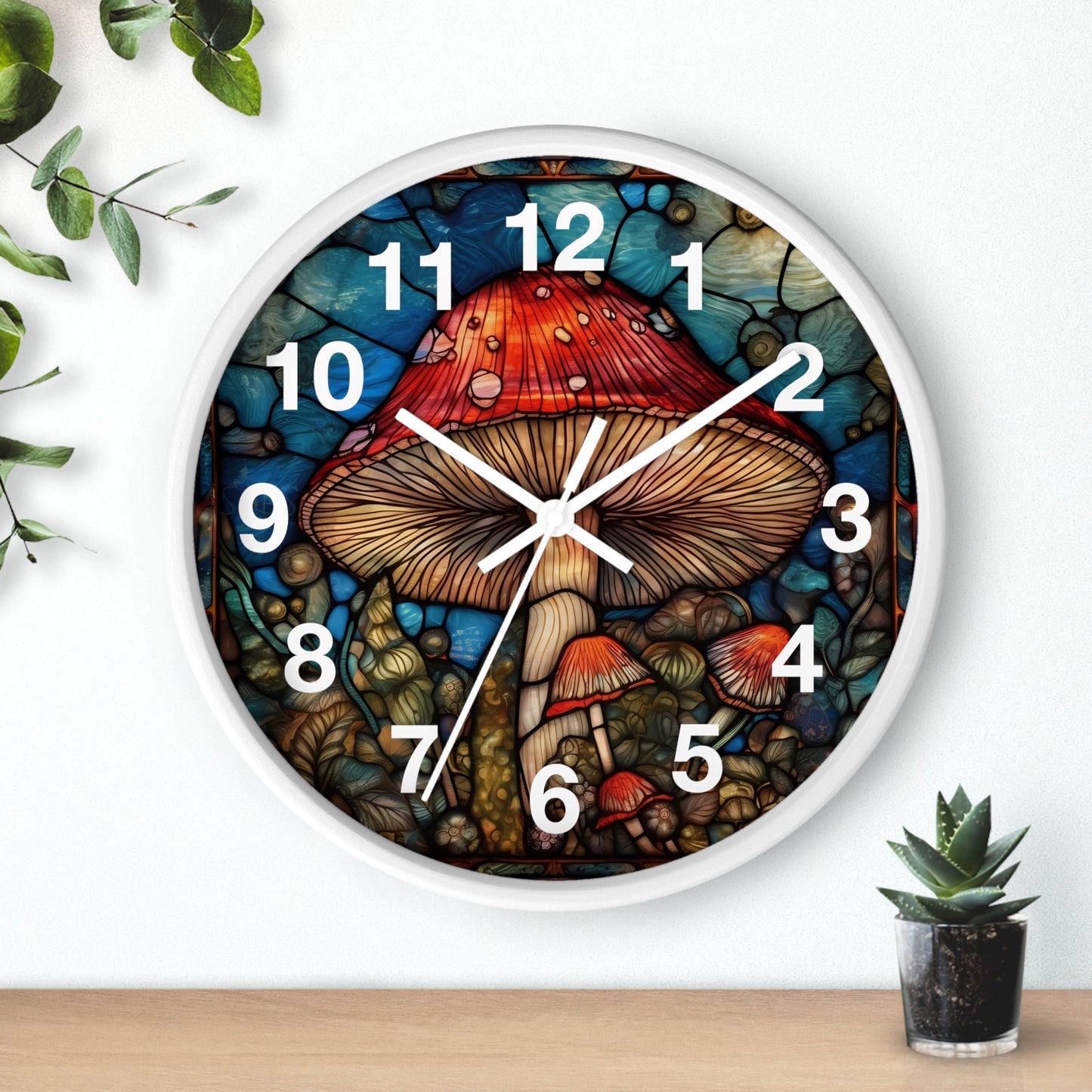 Stained Glass Mushroom Wall Clock | Psychedelic Shroom Decor | Trippy Stain Glass Garden Style | Battery Operated | Unique Rave Gift