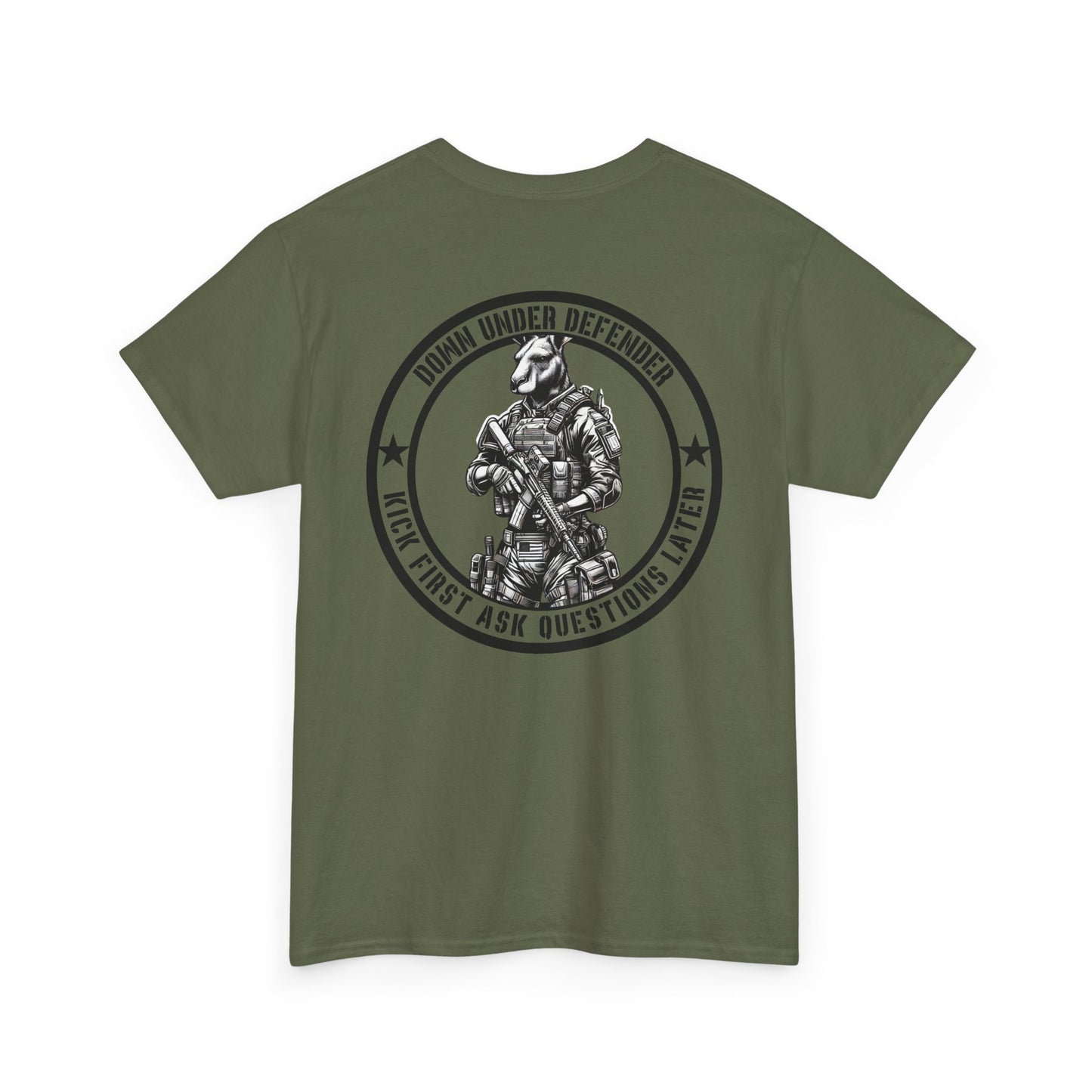 Tactical Kangaroo Shirt | Down Under Defender Tee Funny Military-Inspired Patriotic Gift Kangaroo Lovers Graphic Kick First Question Later