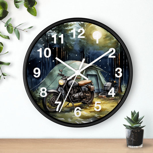 Vintage Motorcycle Forest Camping Wall Clock | Peaceful Scenic Escape View | Battery Operated | Unique Biker Decor Gift Man Can Clock