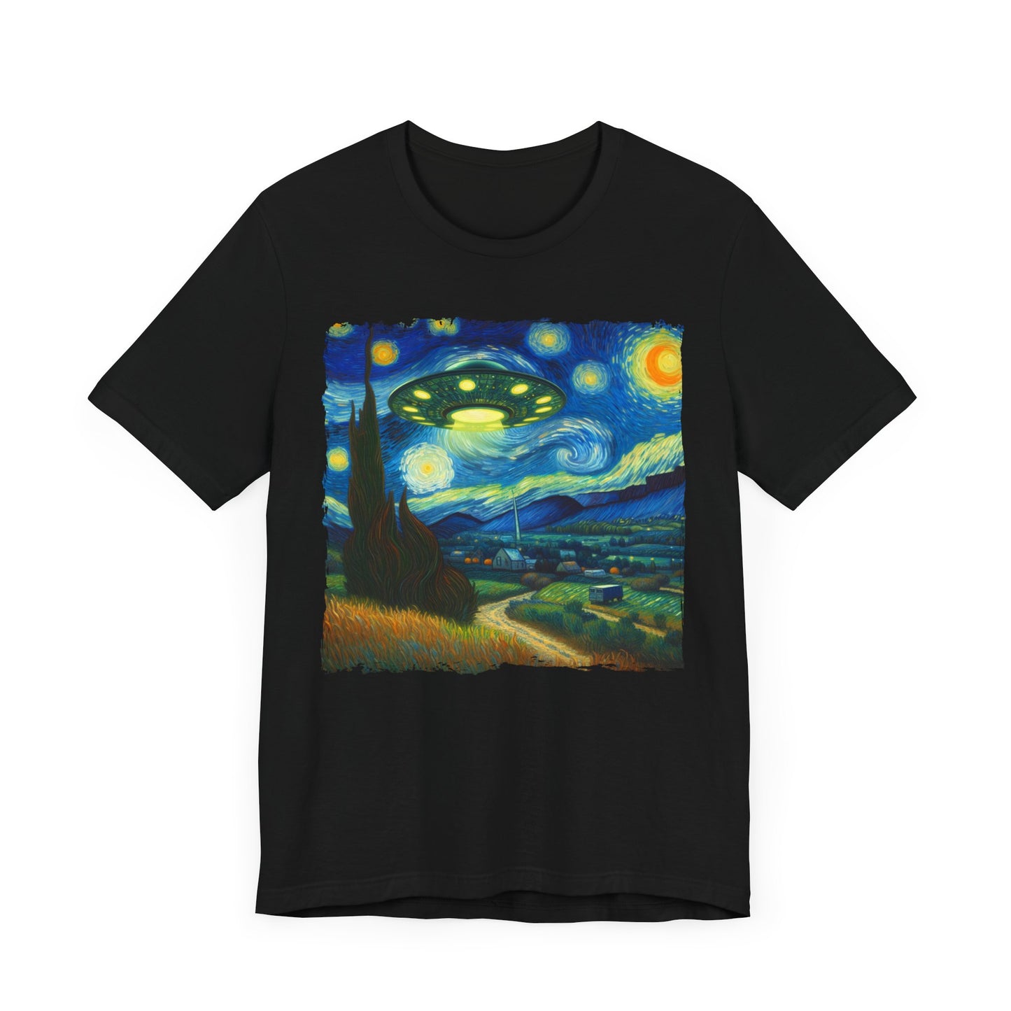 Alien UFO Night Sky Shirt | Starry Night-Inspired Outer Space Art | Cosmic Sci-Fi Tee for Alien Enthusiasts UFO Believers Funny Alien Gift