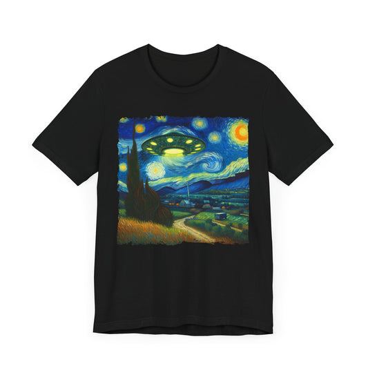 Alien UFO Night Sky Shirt | Starry Night-Inspired Outer Space Art | Cosmic Sci-Fi Tee for Alien Enthusiasts UFO Believers Funny Alien Gift