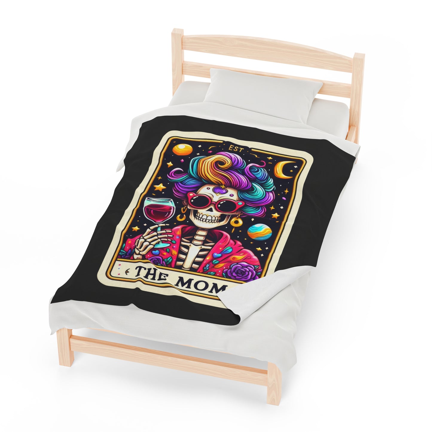 Mom Tarot Card Velveteen Plush Throw Blanket | Gift for Moms | Tarot-Inspired Mother's Day Blanket | Cozy Skeleton Blanket for Super Moms