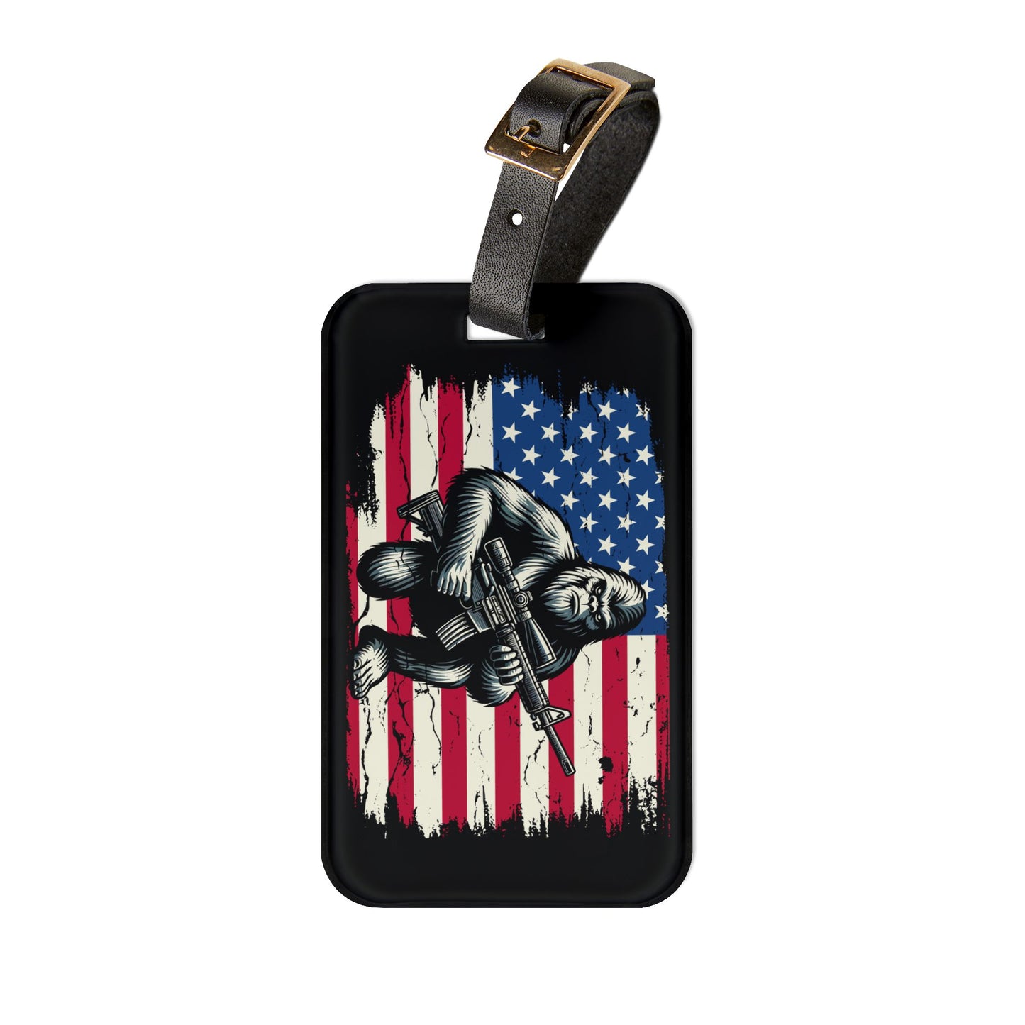 Bigfoot with Gun American Flag Luggage Tag | Patriotic Sasquatch Baggage ID | USA Pride Travel Accessory Legendary Freedom Gift for Patriots