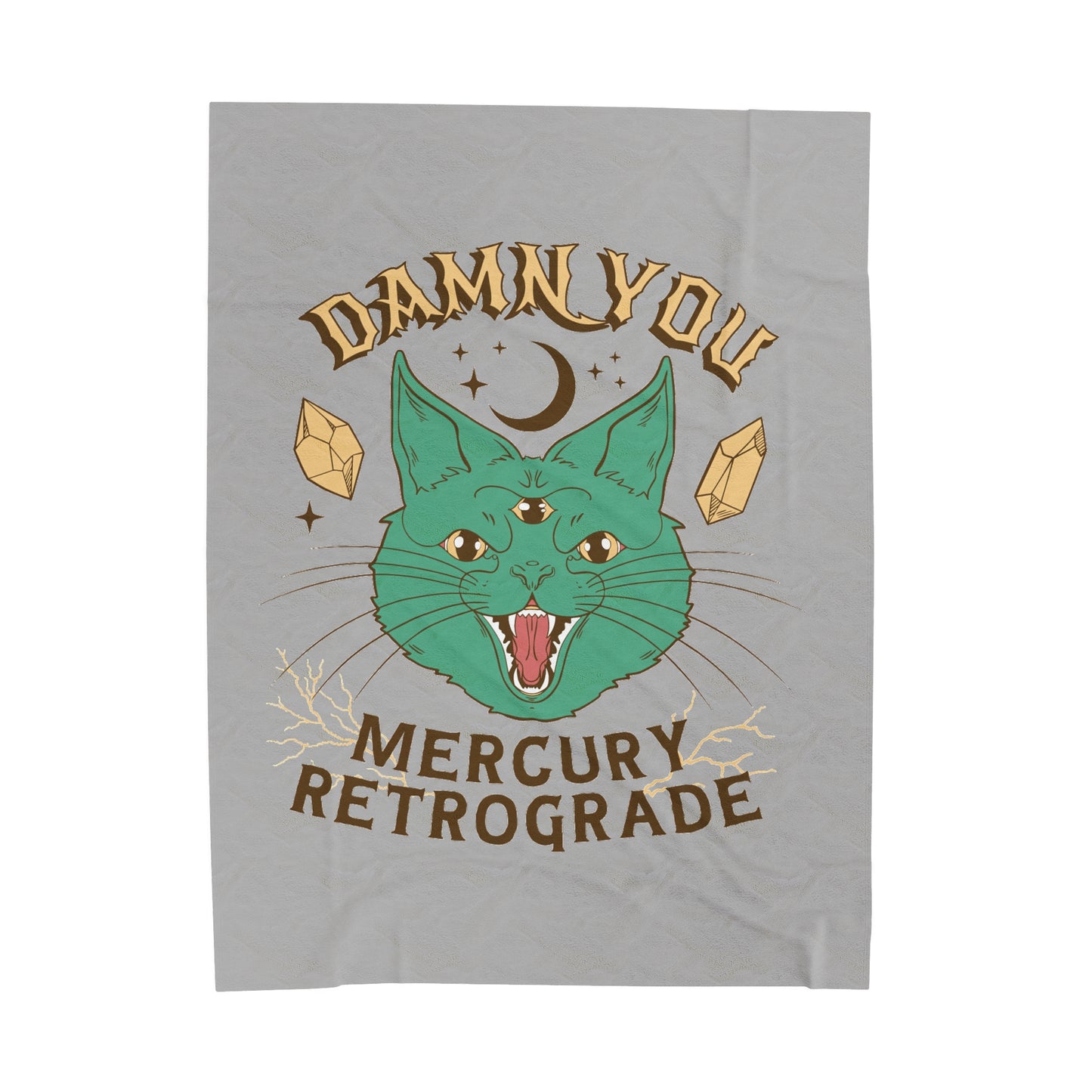 Damn You Mercury Retrograde Velveteen Plush Throw Blanket Trippy Three-Eyed Cat Design Spiritual Witchy Crystal Decor Astrology Zodiac Lover