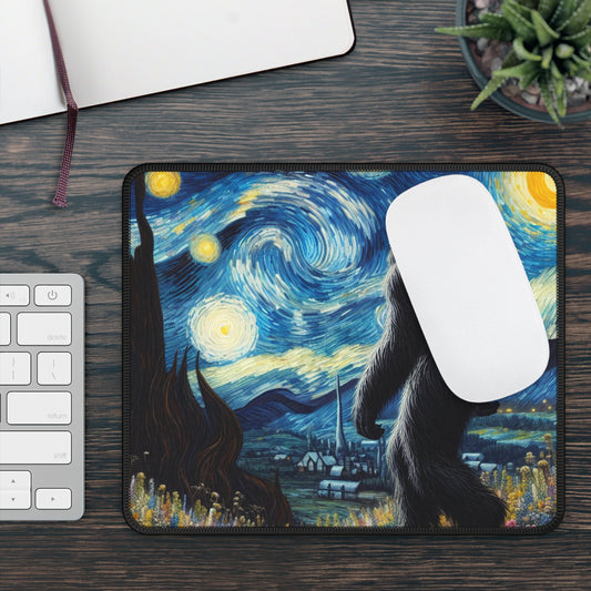 Bigfoot Night Sky Non-Slip Mouse Pad | Starry Night Inspired Art | Humorous Sasquatch Desk Mat for Quirky Bigfoot Lovers Sasquatch Decor