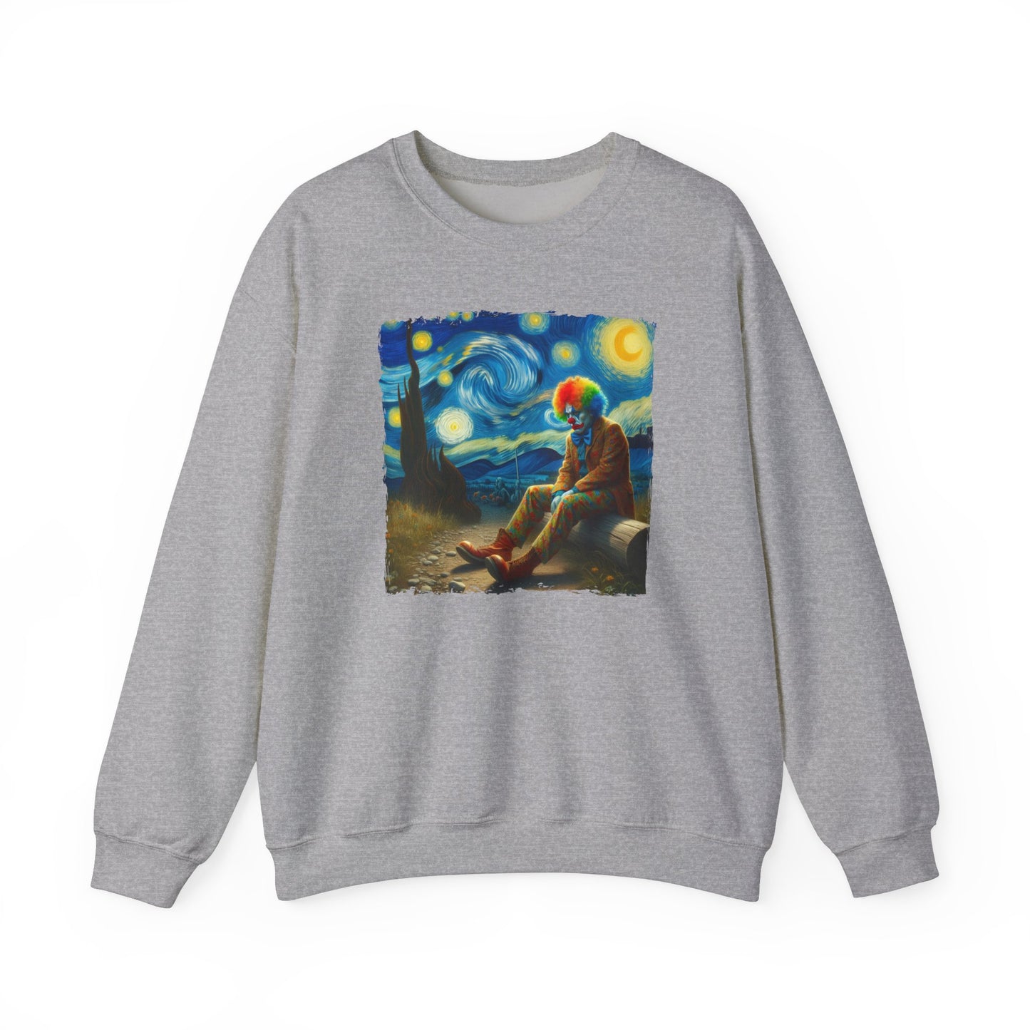 Sad Clown Night Sky Crewneck Sweater | Starry Night-Inspired Dark Humor Art | Unique Retro Clown Sweatshirt Circus Lovers | Hilarious Gift