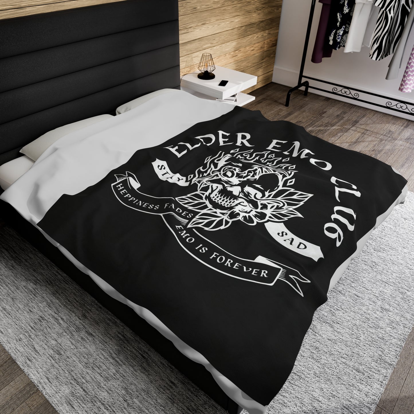 Elder Emo Club Velveteen Plush Throw Blanket | Happiness Fades Emo Forever Blanket Stay Sad Cozy Alternative Decor Emo Style Nostalgic Gift