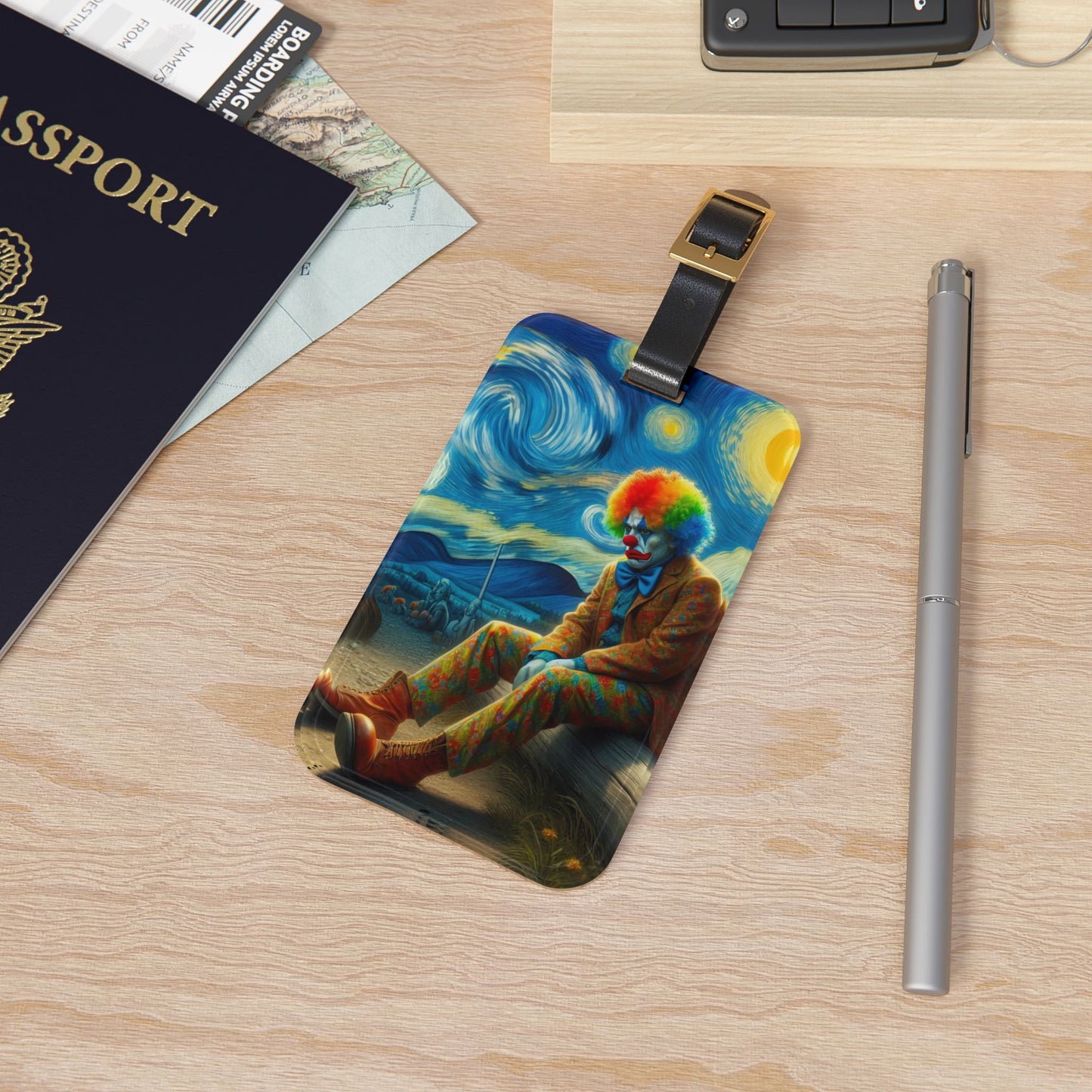 Sad Clown Night Sky Luggage Tag | Melancholic Art Travel Accessory | Unique Gift for Clown and Art Lovers | Baggage ID Circus Clown Gift