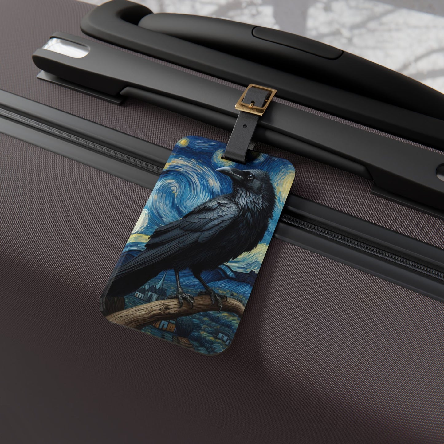 Black Raven Night Sky Luggage Tag | Starry Night-Inspired Gothic Travel Accessory | Raven Lovers Baggage ID | Witchy Gift