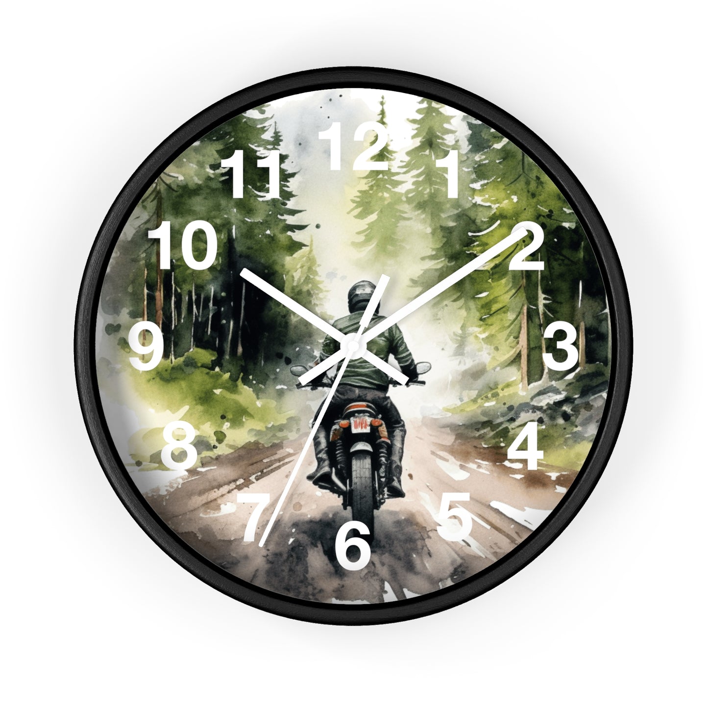 Biker Riding Through Forest Wall Clock | Woods Road Motorcycle Art | Unique Biker Decor | Outdoor Adventure Clock | Gift for Bikers