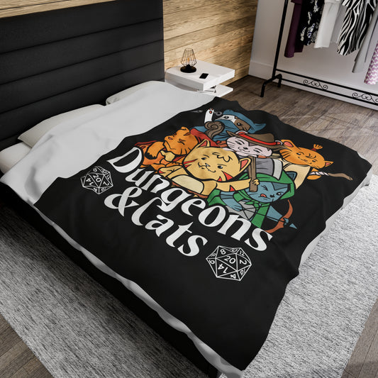 Dungeons and Cats Velveteen Plush Throw Blanket | Funny Cat Lover Gift | Nerdy Parody Blanket Fantasy Roleplaying Cozy Feline Decor Cat Gift