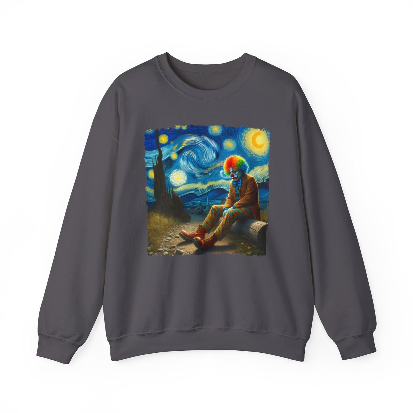 Sad Clown Night Sky Crewneck Sweater | Starry Night-Inspired Dark Humor Art | Unique Retro Clown Sweatshirt Circus Lovers | Hilarious Gift