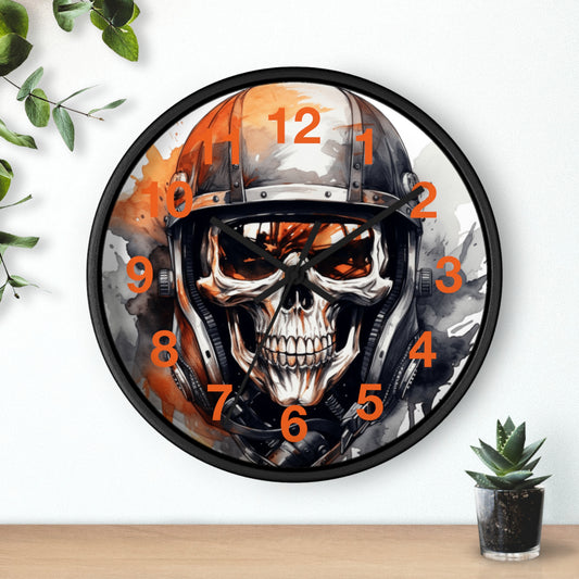 Splash Watercolor Black Orange Skull Biker Wall Clock | Colorful Motorcycle Art Decor | Battery Operated | Unique Gift for Bikers Man Cave