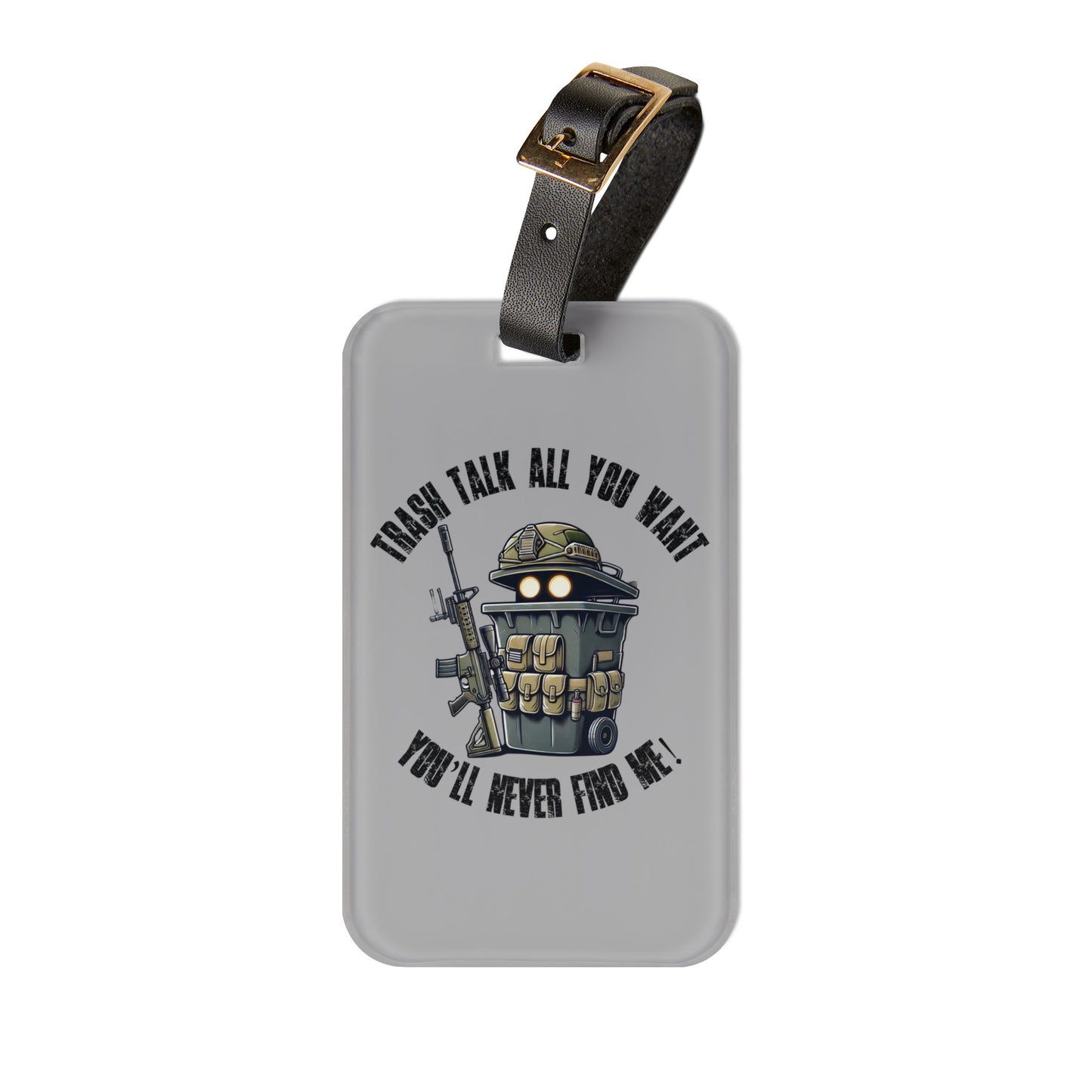 Tactical Trash Can Soldier Luggage Tag | Funny Military Garbage Bin Baggage ID | Unique Cartoon Prop Hunt Design Armed Trash Bin Gamer Humor